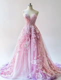 Sweet Pink Purple Gradient Sweetheart Neck A-Line Tulle Applique Long Prom Dresses Unique Wedding Dress HZ1108