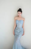 Gorgeous Light Blue Mermaid Sweetheart Neck Tulle Beaded Long Prom Dresses Sweet Formal Evening Dresses HZ1108