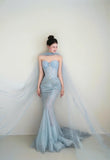 Gorgeous Light Blue Mermaid Sweetheart Neck Tulle Beaded Long Prom Dresses Sweet Formal Evening Dresses HZ1108