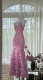 Fairytale Pink Purple Spaghetti Straps Satin Beading Long Prom Dress Retro Backless Evening Gowns HZ1108