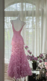 Fairytale Pink Purple Spaghetti Straps Satin Beading Long Prom Dress Retro Backless Evening Gowns HZ1108