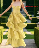 Sweet Butter Yellow Sweetheart Neck A-Line Jacquard Satin Layered Long Prom Dresses Formal Evening Dress HZ1108