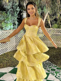 Sweet Butter Yellow Sweetheart Neck A-Line Jacquard Satin Layered Long Prom Dresses Formal Evening Dress HZ1108