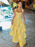Sweet Butter Yellow Sweetheart Neck A-Line Jacquard Satin Layered Long Prom Dresses Formal Evening Dress HZ1108