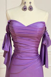 Fashion Purple Sweetheart Satin Pleated Sheath Silt Prom Dresses Elegant Formal Evening Gowns HZ1108