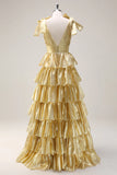 Gorgeous Gold V-neck Glitter Satin Layered A-Line Prom Dresses Sweet Formal Evening Dress HZ1108