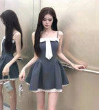 French style stitching suspender dress with bow waist short skirt HZ1108