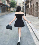French style black off-shoulder dress summer short skirt HZ1108