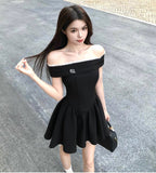 French style black off-shoulder dress summer short skirt HZ1108