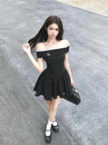 French style black off-shoulder dress summer short skirt HZ1108