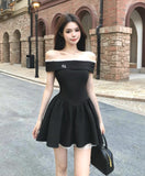 French style black off-shoulder dress summer short skirt HZ1108