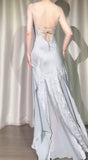 Vintage Silver V-neck Satin Beaded Party Dresses Backless Sexy Prom Dresses HZ1108