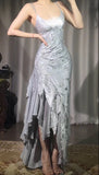 Vintage Silver V-neck Satin Beaded Party Dresses Backless Sexy Prom Dresses HZ1108
