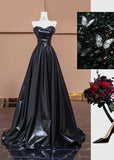Elegant Black Sweetheart Neck A-Line Satin Long Prom Dresses Formal Evening Gowns HZ1108