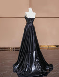 Elegant Black Sweetheart Neck A-Line Satin Long Prom Dresses Formal Evening Gowns HZ1108