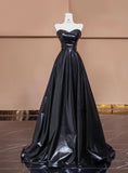 Elegant Black Sweetheart Neck A-Line Satin Long Prom Dresses Formal Evening Gowns HZ1108