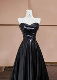 Elegant Black Sweetheart Neck A-Line Satin Long Prom Dresses Formal Evening Gowns HZ1108