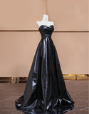 Elegant Black Sweetheart Neck A-Line Satin Long Prom Dresses Formal Evening Gowns HZ1108