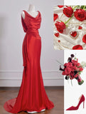 Beautiful Red Satin Mermaid Open Back Long Prom Dresses Elegant Evening Gowns HZ1108