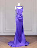 Elegant Purple Strap Mermaid Satin Backless Long Prom Dresses Formal Evening Gowns HZ1108