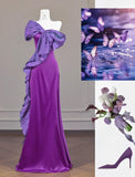 Fairytale Purple One Shoulder Mermaid Satin Bow Long Prom Dresses Sweet Evening Gowns HZ1108
