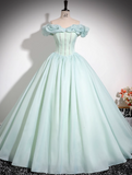 Mint Green A-line Off-shoulder Organza Beaded Long Prom Dress, Sweet 16 Dress HZ1108