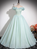 Mint Green A-line Off-shoulder Organza Beaded Long Prom Dress, Sweet 16 Dress HZ1108