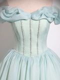 Mint Green A-line Off-shoulder Organza Beaded Long Prom Dress, Sweet 16 Dress HZ1108