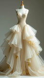 Sweet Apricot Spaghetti Straps A-Line Beaded Tulle Long Prom Dresses Classic Layered Ball Gown HZ1108