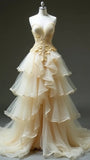Gentle Apricot Sweetheart A-line Tulle Layered Evening Dresses with Lace Appliques HZ1108