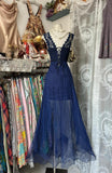 Elegant Crew Neck Tulle Mermaid Lace Applique Open Back Party Dresses HZ1108
