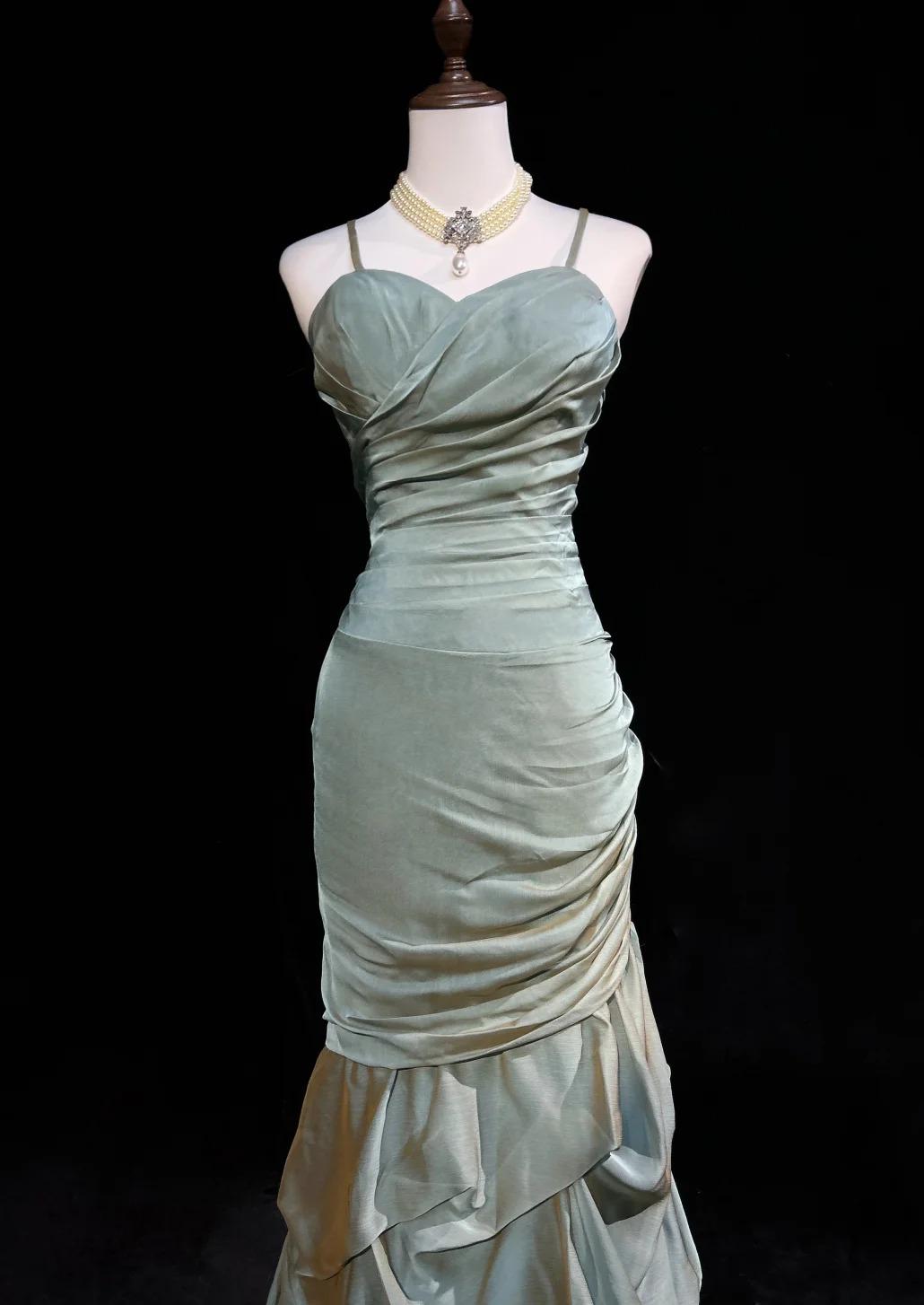 Forest Green Spaghetti Straps Mermaid Satin Long Prom Dresses Sweet 16 Formal Evening Dresses HZ1108