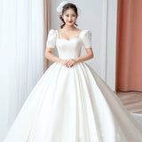 Runhufu New Luxury Satin Wedding Dress Pure White With Train Simple Bridal Ball Gown Plus Size Custom Made Lace Up Vestido De Noiva