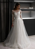 Runhufu A line Lace Appliques Long Sleeve Glitter Wedding Dress Sequins Illusion Back Beach Bridal Gowns vestido de noiva