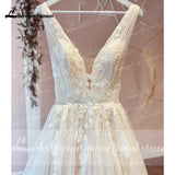 runhufu Champagne V Neck Lace Appliques Wedding Dress 2023 with Shiny Tulle Vestidos Garden A Line Backless Bridal Gowns