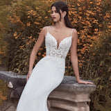 Runhufu Lace Mermaid Wedding Dress 2023 Spaghetti Straps V-Neck Sleeveless Elegant Bridal Gown Long Sweep Train Sexy Open Back