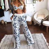 Runhufu Print Pants Sets High Street Summer Women Two Pieces Outfits Strap Bra Bustier+High Waist Wide Leg Pants Chic Lady Set