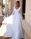Runhufu Boho V-Neck Wedding Dress For Women Long Sleeves Pleats A-Line Simple Chiffon Bride Gown Sweep Train Vestido de Novia