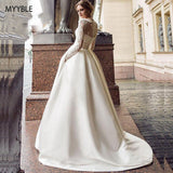 Runhufu 2023 vestido de Novia de manga larga modesto vestido de Novia de satén con apliques de línea a con bolsillos Vestido