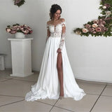 Runhufu Lace Split Wedding Dresses Sweetheart Long Sleeves A-Line Chiffon Applique Simple Boho Long Vestido De Noiva Bridal Gown