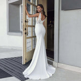 Runhufu V-Neck Mermaid Wedding Dresses For Women 2023 Sleeveless Lace Backless Vintage Long White Bridal Gown Sweep Train