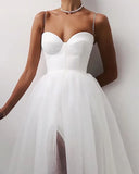 Runhufu Women Summer Cocktail Dress Solid Color Spaghetti Strapless Tulle Tutu Dress Party Elegant Side Slit Braces Mesh A-Line Vestido