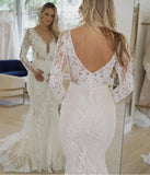 Runhufu Luxury Mermaid Wedding Dress V-Neck Long Sleeve Lace Appliques Backless Sweep Train Bride Gown Vestidos De Noiva