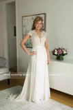 Runhufu De Noiva Gorgeous Girl Illusion Sheer Neckline Scoop Lace Cap Sleeve Appliques Belt Chiffon Wedding Dresses