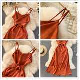 Runhufu Women Korean Strap Dress Sexy V Neck Sleeveless Elegant Solid Party Dress Summer Off Shoulder A-line Beach Midi Dress