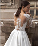 Runhufu Elegant Satin Wedding Dresses Long Sleeve Lace Bride Gown Illusion Back Wedding Gown Covered Back Vestido de novia 2023