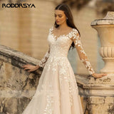 Runhufu Elegant O-Neck Wedding Dresses Lace Up A-Line Appliques Long Sleeves Beach Bride Gowns robe de mariée bohème Plus Size