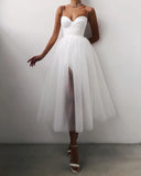 Runhufu Women Summer Cocktail Dress Solid Color Spaghetti Strapless Tulle Tutu Dress Party Elegant Side Slit Braces Mesh A-Line Vestido