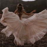 Runhufu Deep V-Neck Wedding Dresses Nude Champagne Ruffles Tulle Sleeveless Bridal Gowns A Line Sexy Country Style Robe De Mariee