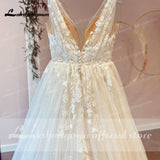 runhufu Champagne V Neck Lace Appliques Wedding Dress 2023 with Shiny Tulle Vestidos Garden A Line Backless Bridal Gowns